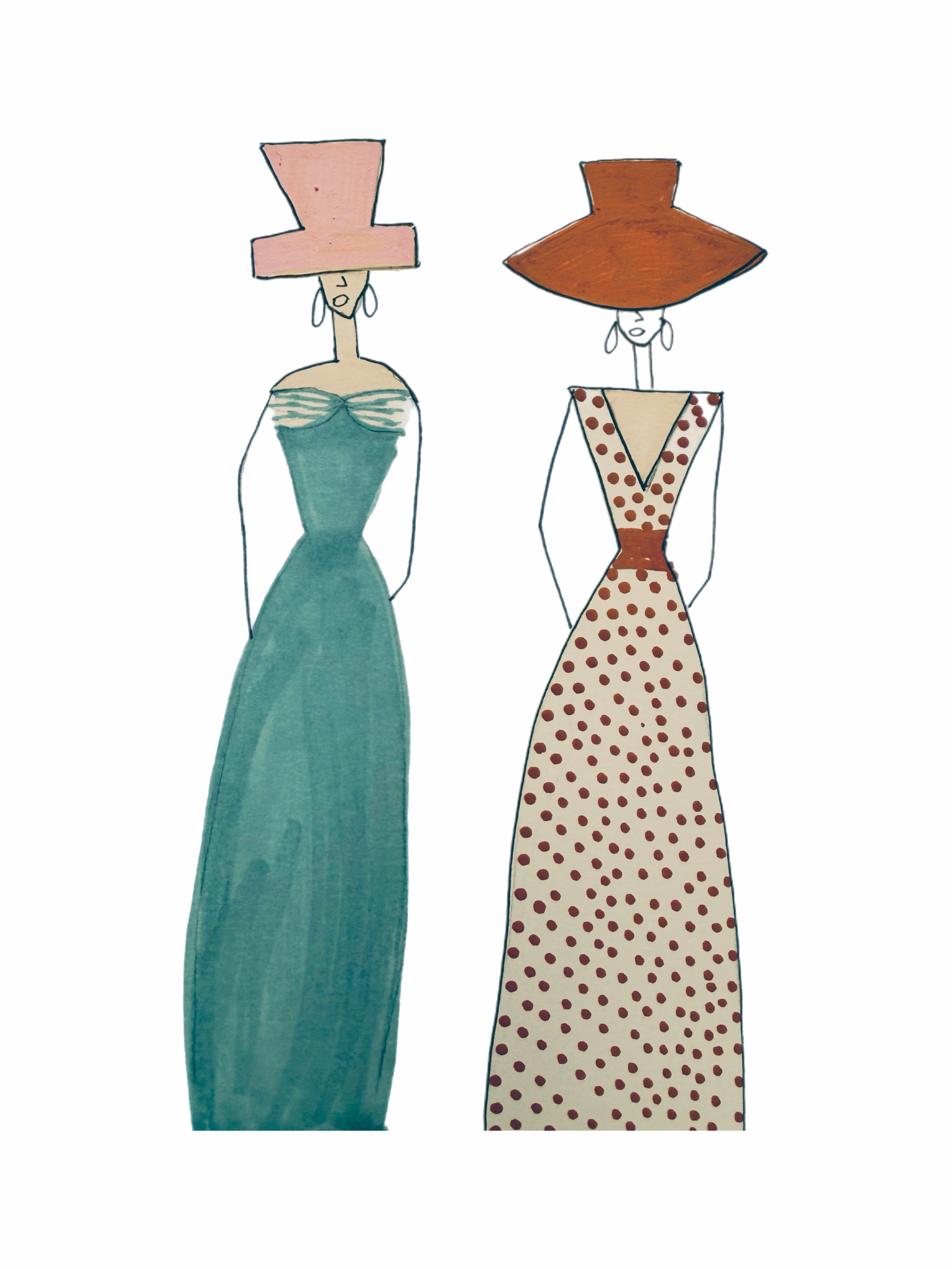 Two women in evening gowns with hats on a white background