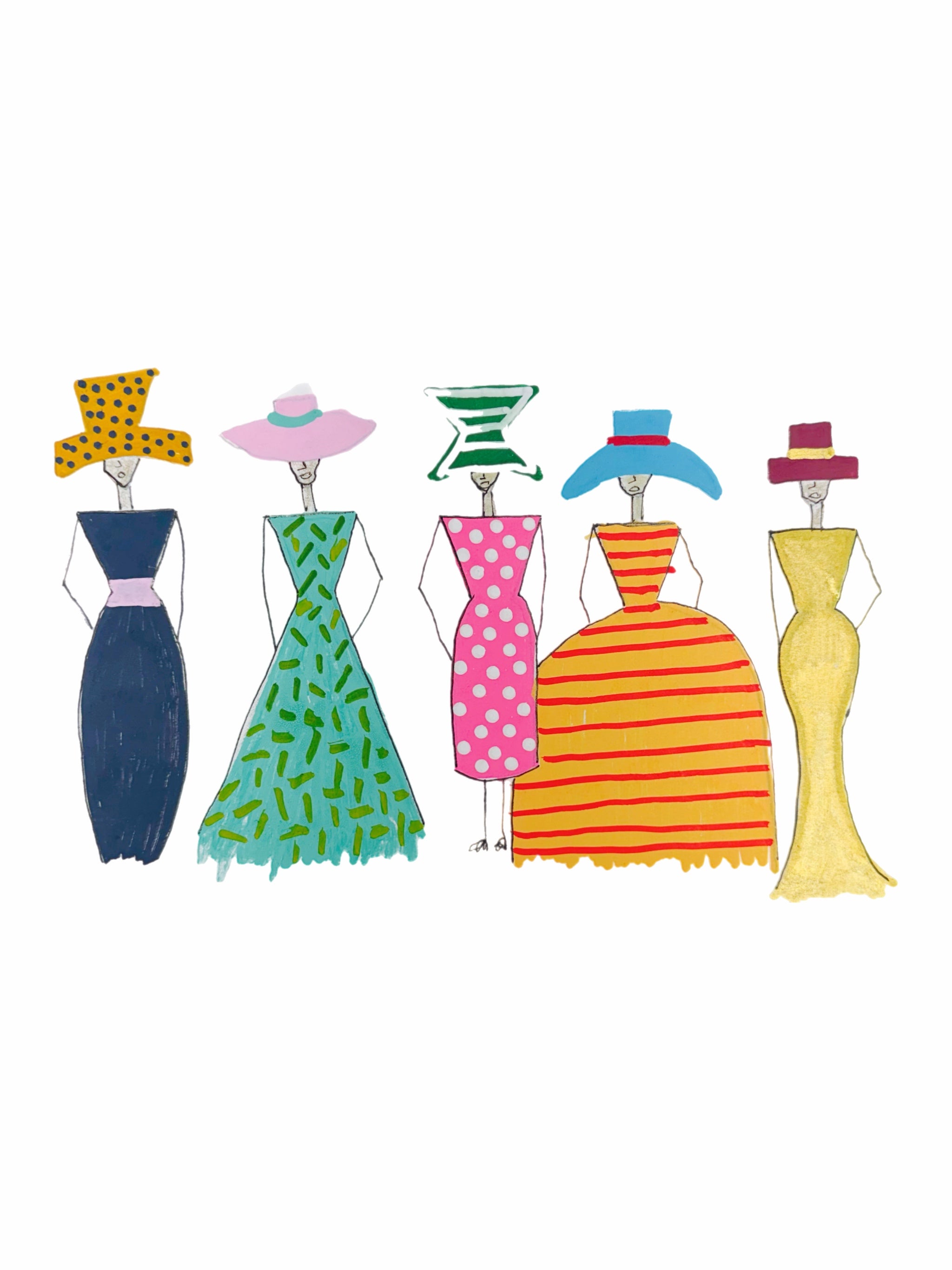 Colorful dresses with hats on a white background