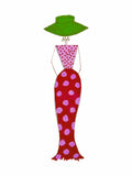 Decorative figure with a red dress with pink polka dots and a green hat on a white background