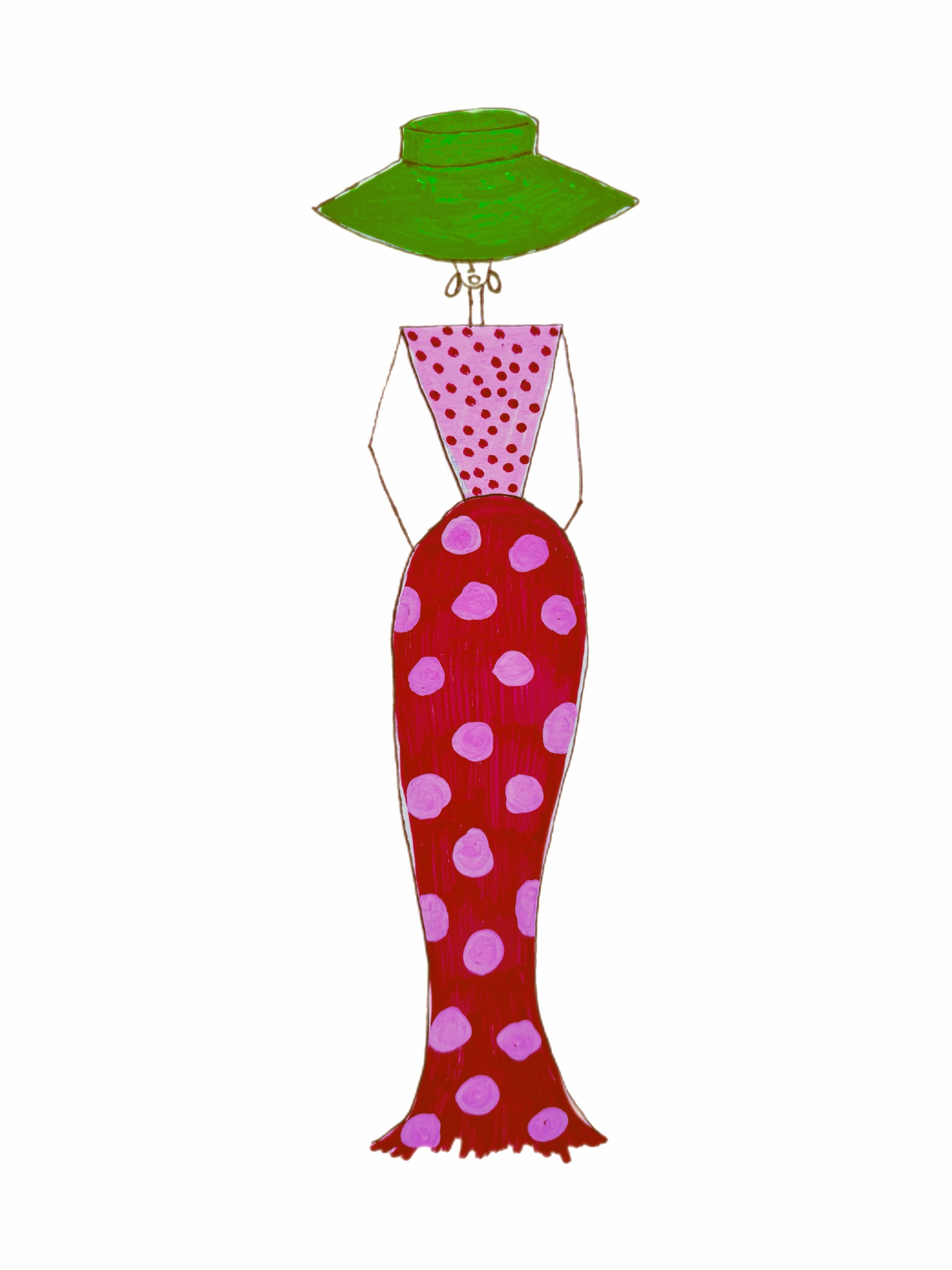 Decorative figure with a red dress with pink polka dots and a green hat on a white background