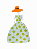 Dress with green polka dots and an orange hat on a white background
