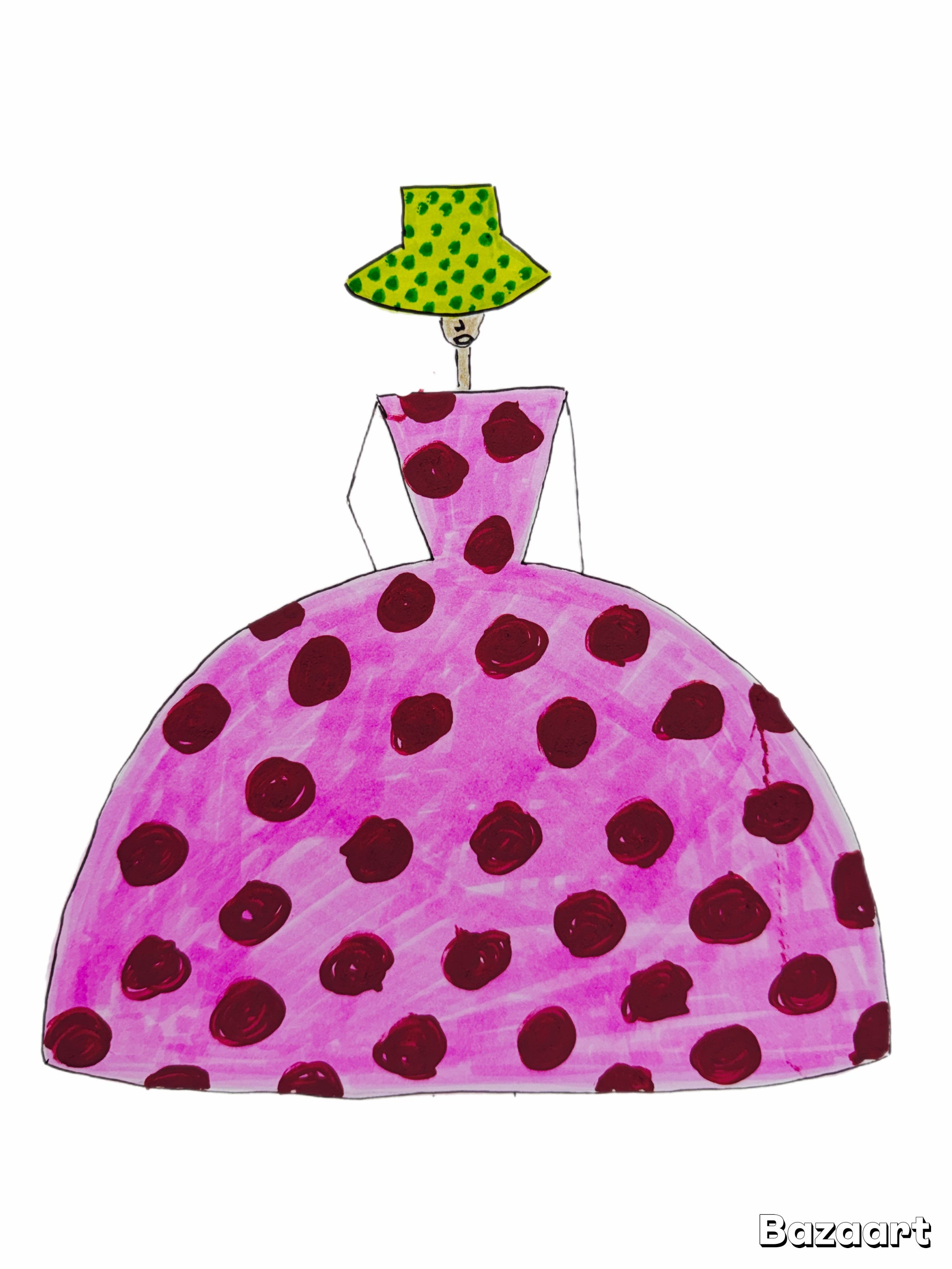 Pink polka dot dress with green polka dot hat on a white background