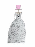 Illustration of a figure wearing a polka dot dress and pink top hat on a white background