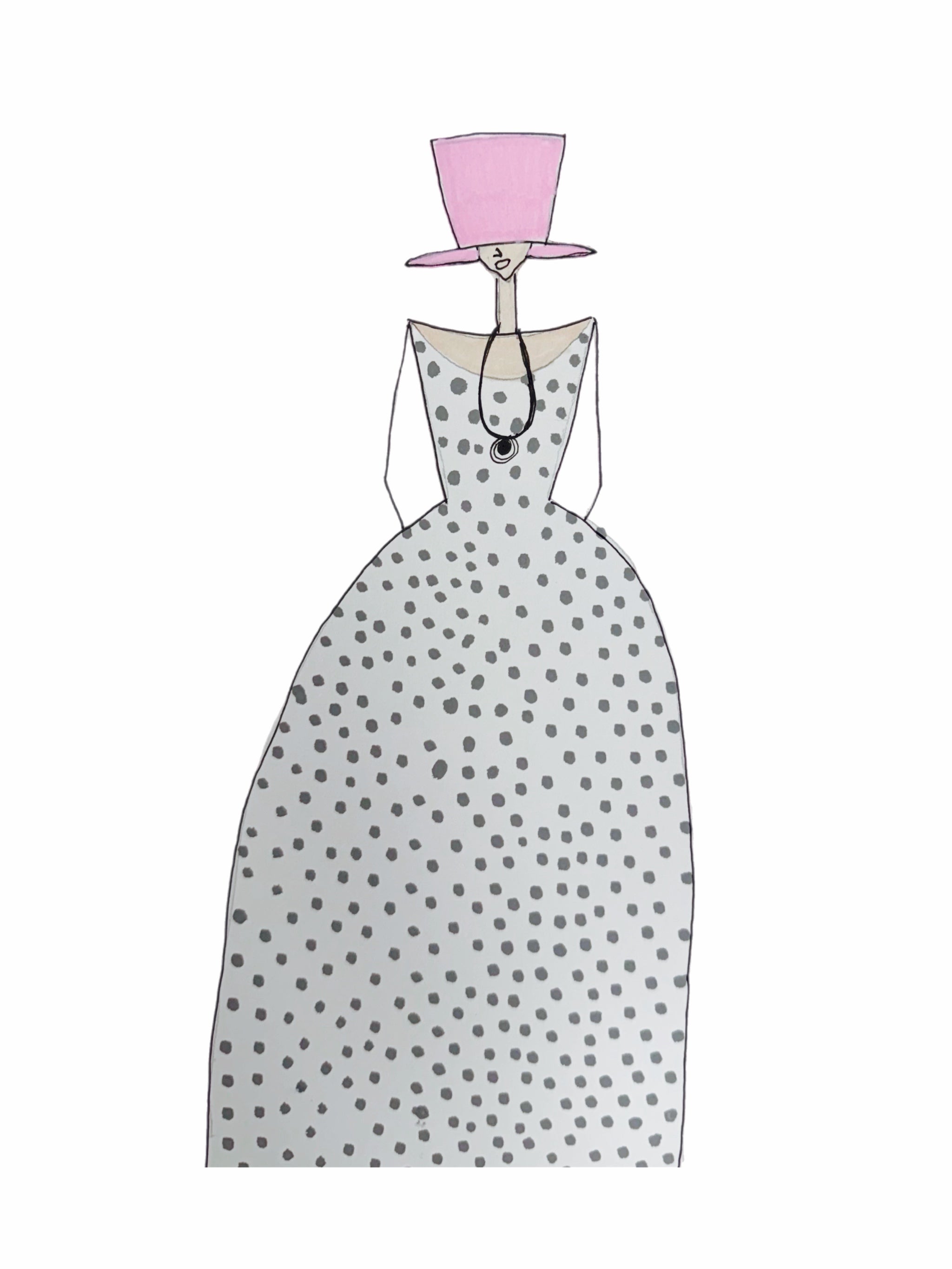 Illustration of a figure wearing a polka dot dress and pink top hat on a white background